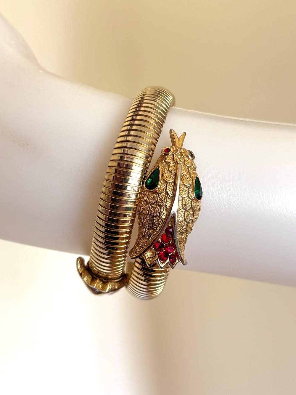 Vintage Crown Trifari golden snake with red green rhinestones coil wrap bracelet
